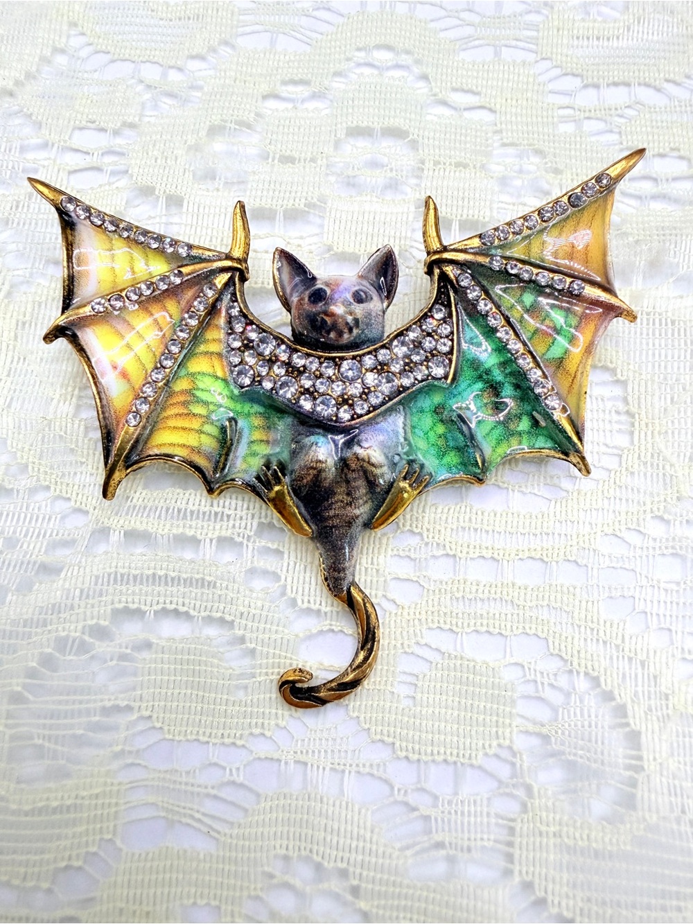 Awesome Bat Brooch Yellow/Green Enamel with Dazzling Rhinestones